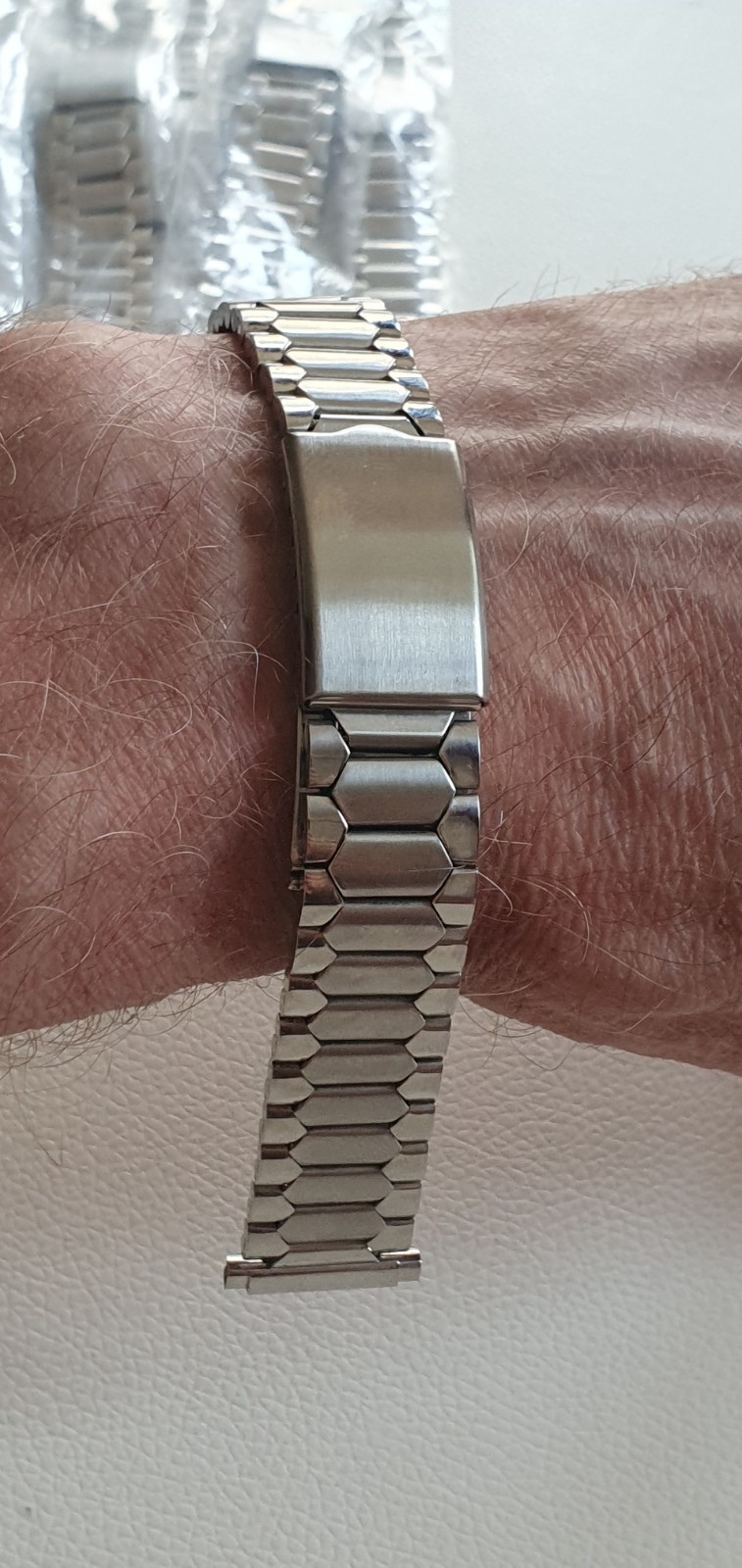 NOS Vintage Stainless Steel Coffin Link Watch Band 16-20mm Telescopic Bracelet