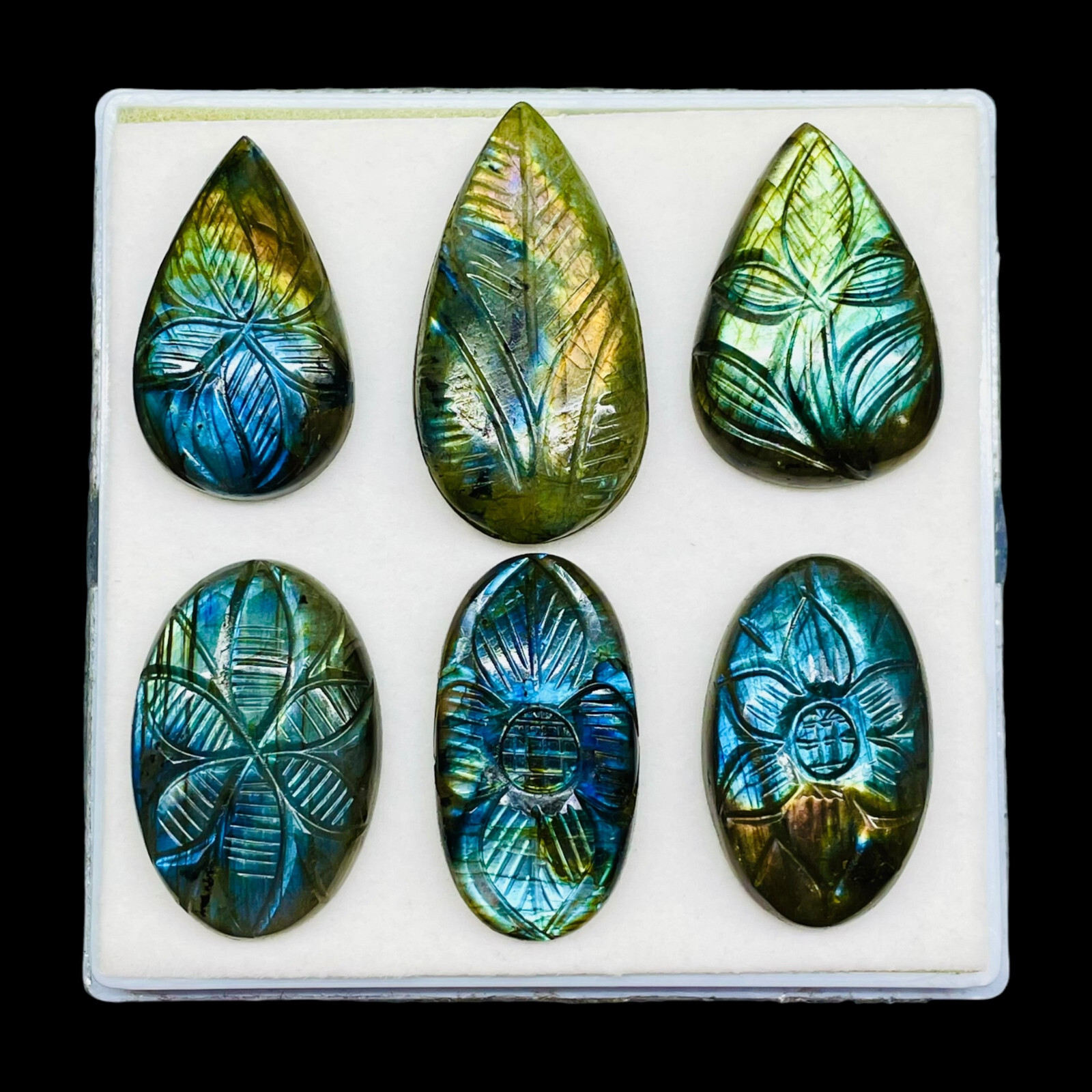 6 Pcs Natural Carved Labradorite 34.5-42mm Huge Pendant Size Loose Gemstones Lot