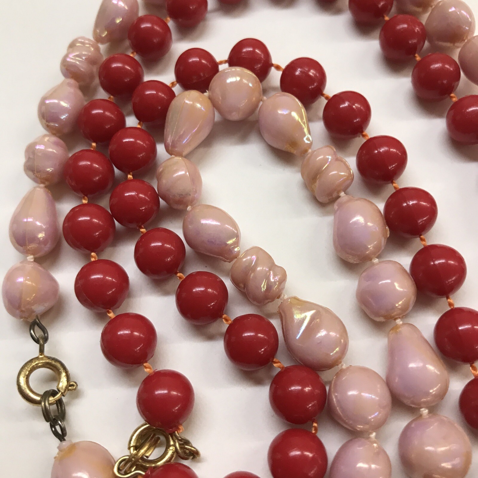 Vintage Set of 2 19″ Strand String Necklace Pink Shell Look and Red