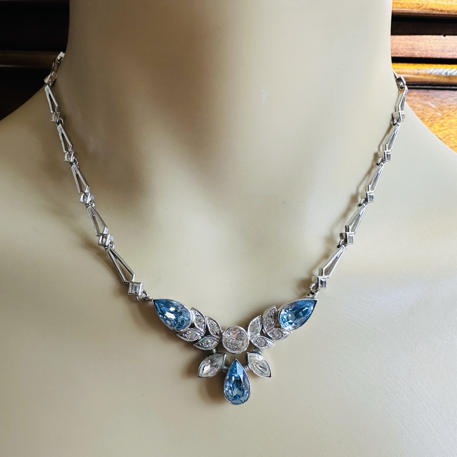 VTG Engel Brothers Art Deco Link Necklace 15 Inch Clear Blue 925 Sterling 16.8g