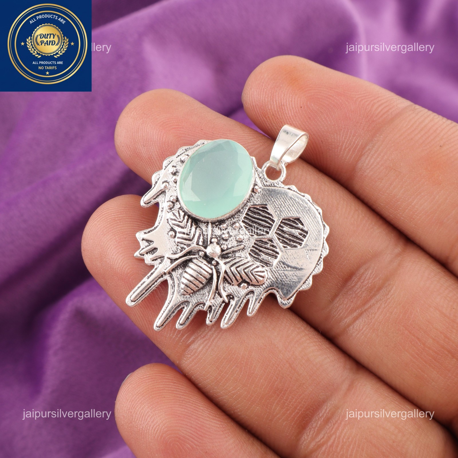 925 Silver Throat Chakra Aqua Chalcedony Gemstone Daughter Bezel Pendant Jewelry
