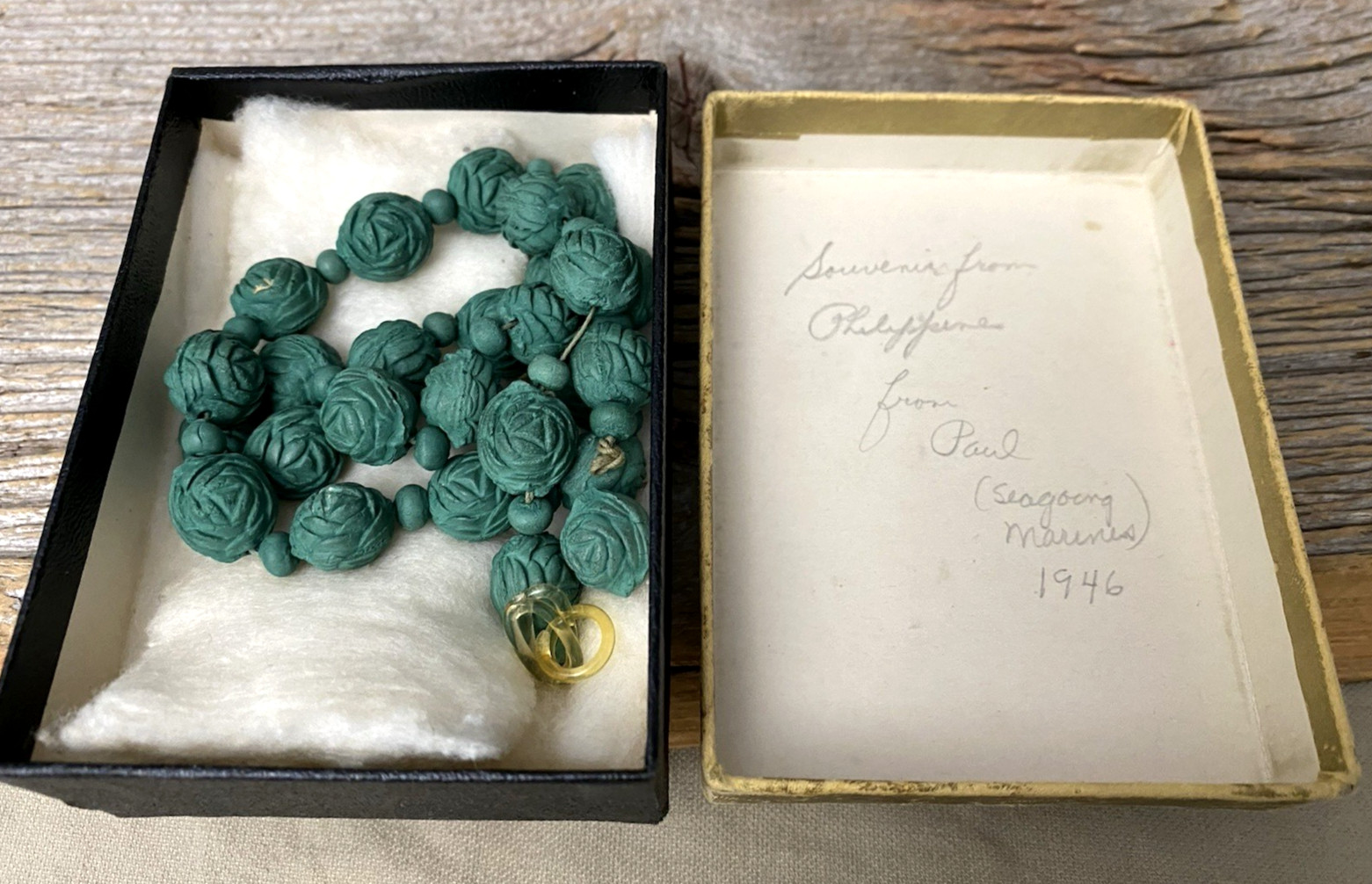 Vintage 1946 Philippines Souvenir Carved Green Floral Bead Necklace
