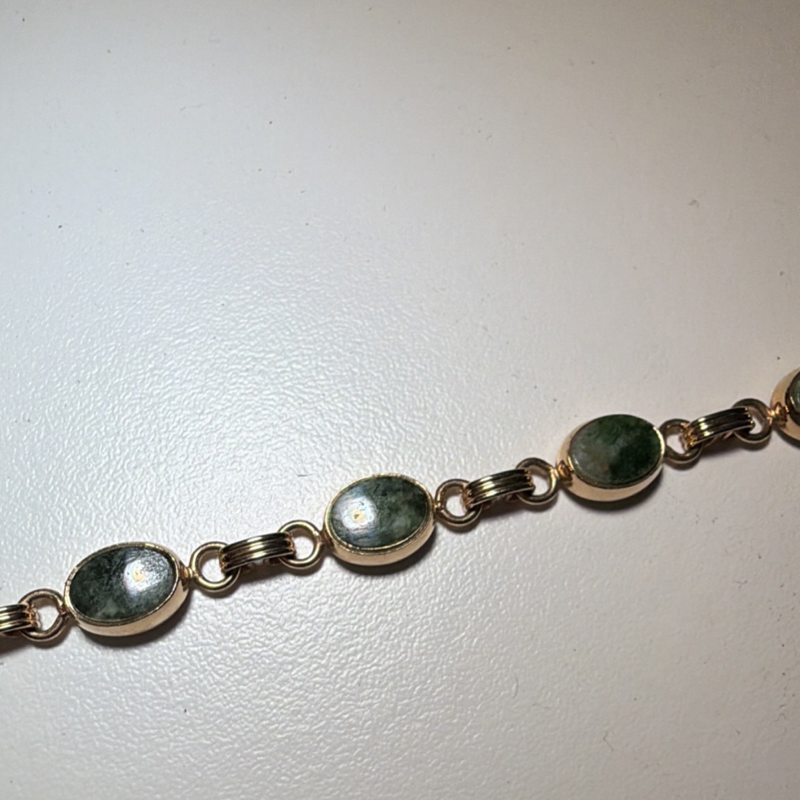 Yellow Gold Filled 1/20-12K Green Jade Oval Link Chain Bracelet 7 in