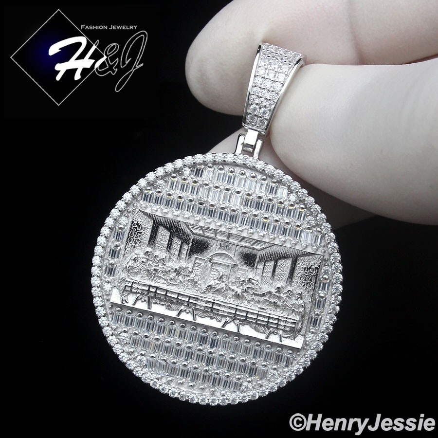 MEN SOLID 925 STERLING SILVER ICY BLING CZ LAST SUPPER JESUS ROUND PENDANT*SP485