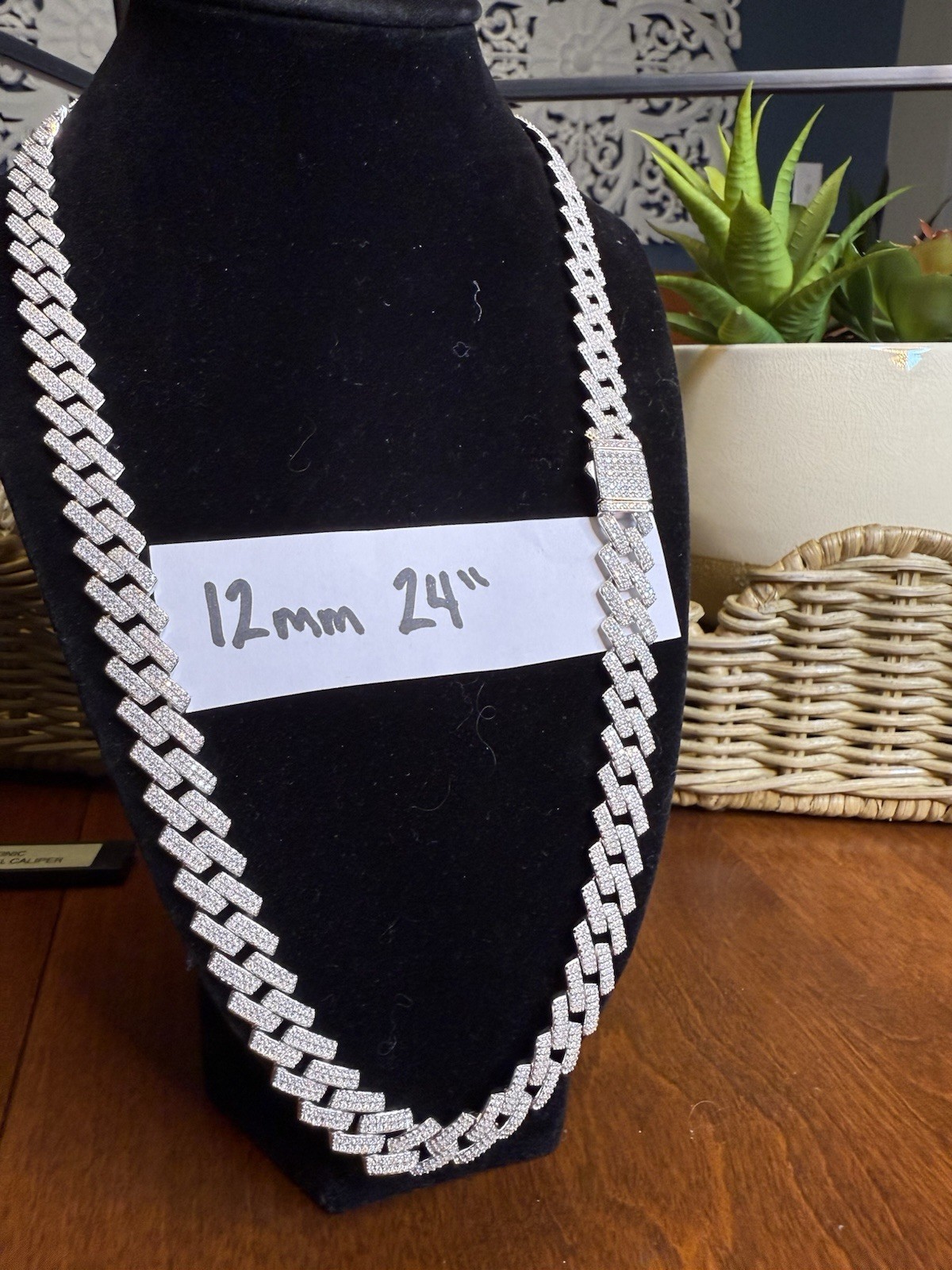 24” 12MM SOLID 925 Silver (~93g) Moissanite Miami Cuban Chain w Square Links