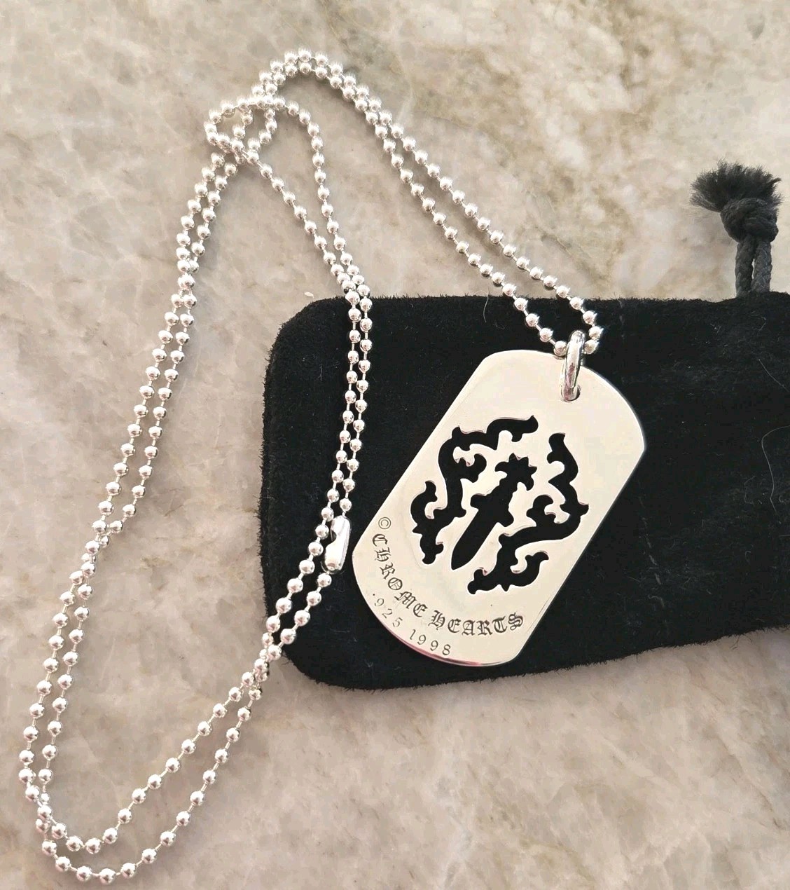 Chrome Hearts CH Silver Large Chicken Nugget Dog Tag w/ Ball chain Necklace