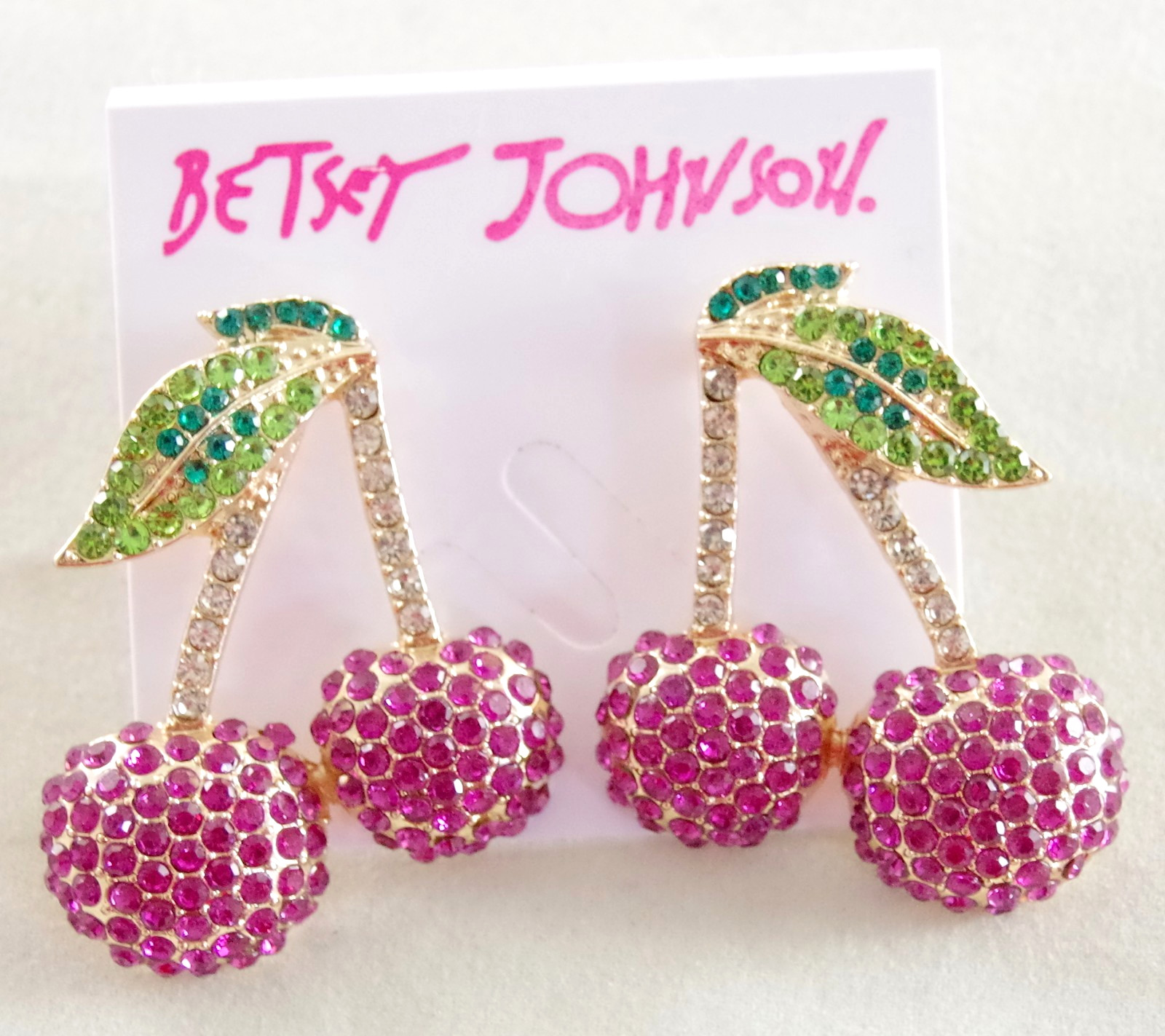 1 5/8″ NWOT BETSEY JOHNSON CRYSTAL RHINESTONE CHERRY FRUIT/ CHERRIES EARRINGS
