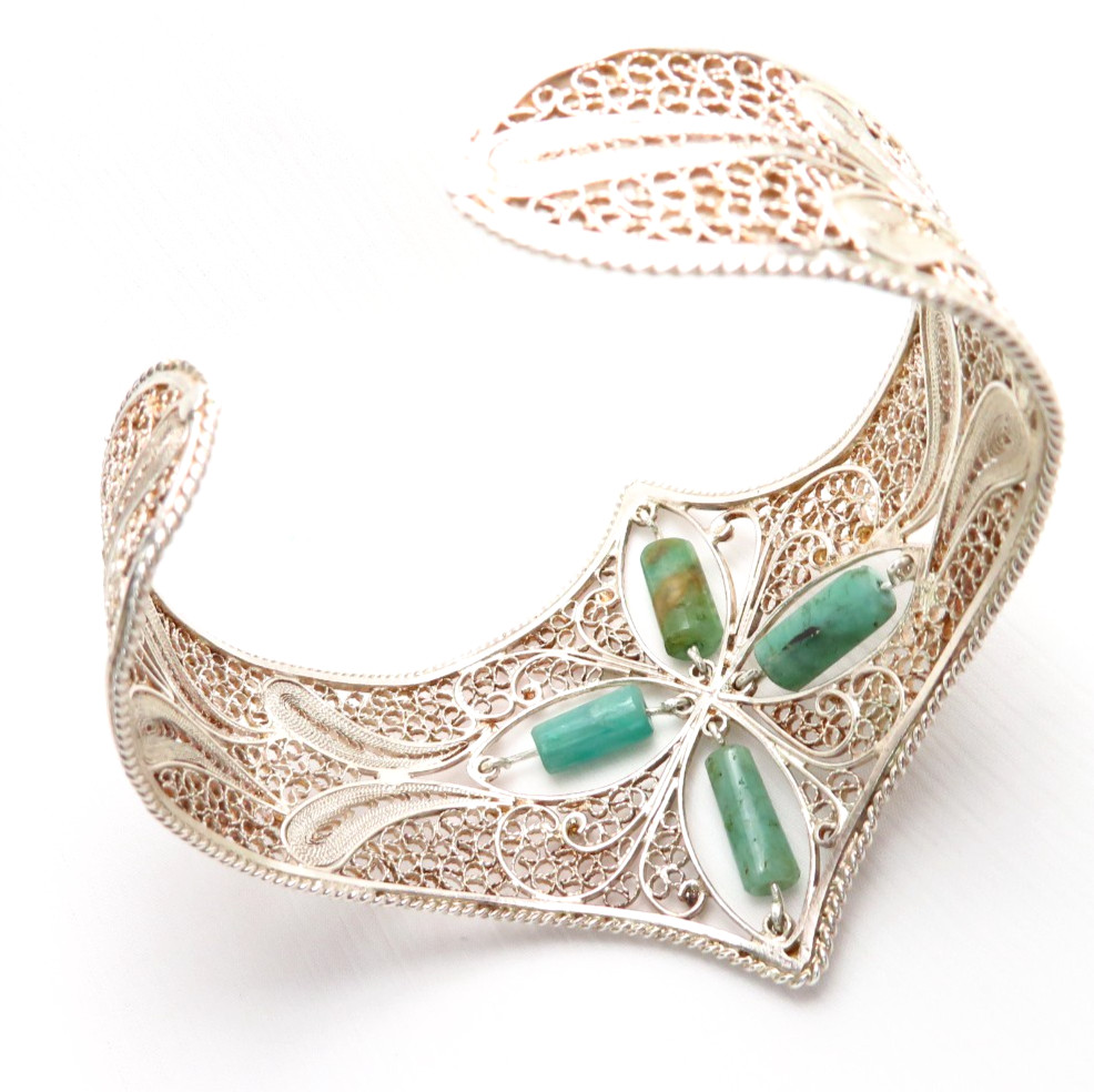 Colombian Emerald Filigree Bracelet 10.20 Cts 4 Tubular set in Silver Muzo