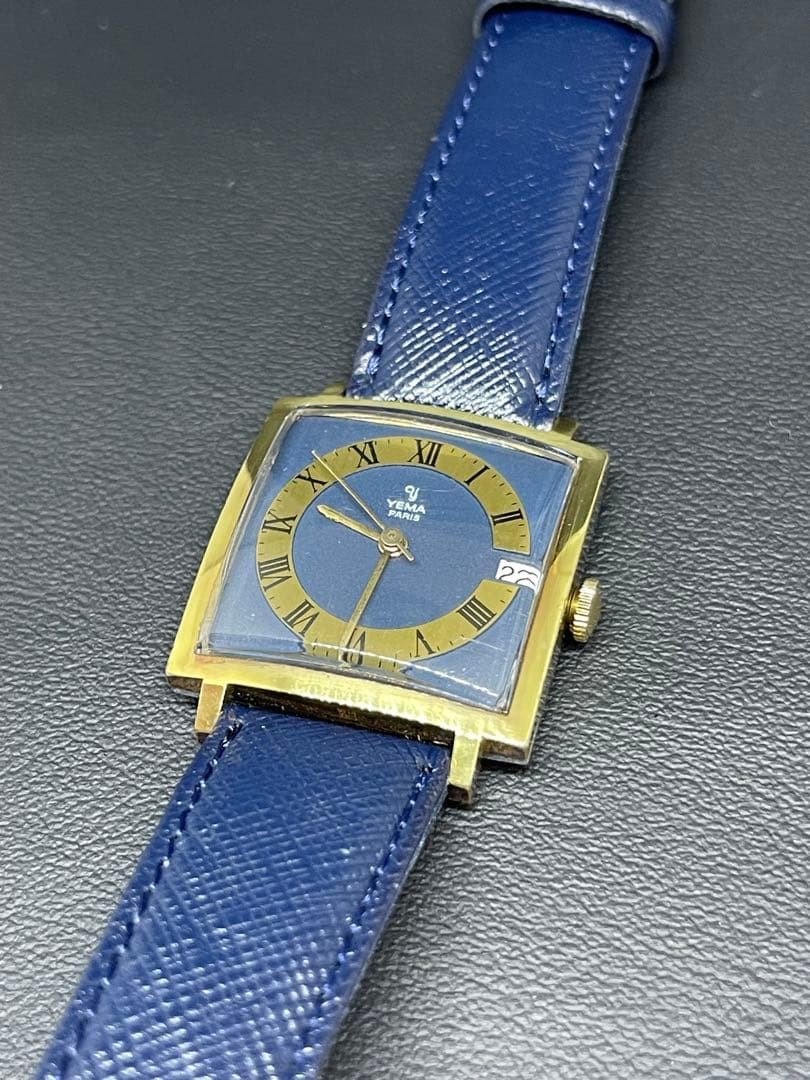 YEMA Paris Square Manual Wind Watch Blue Dial Date From Japan