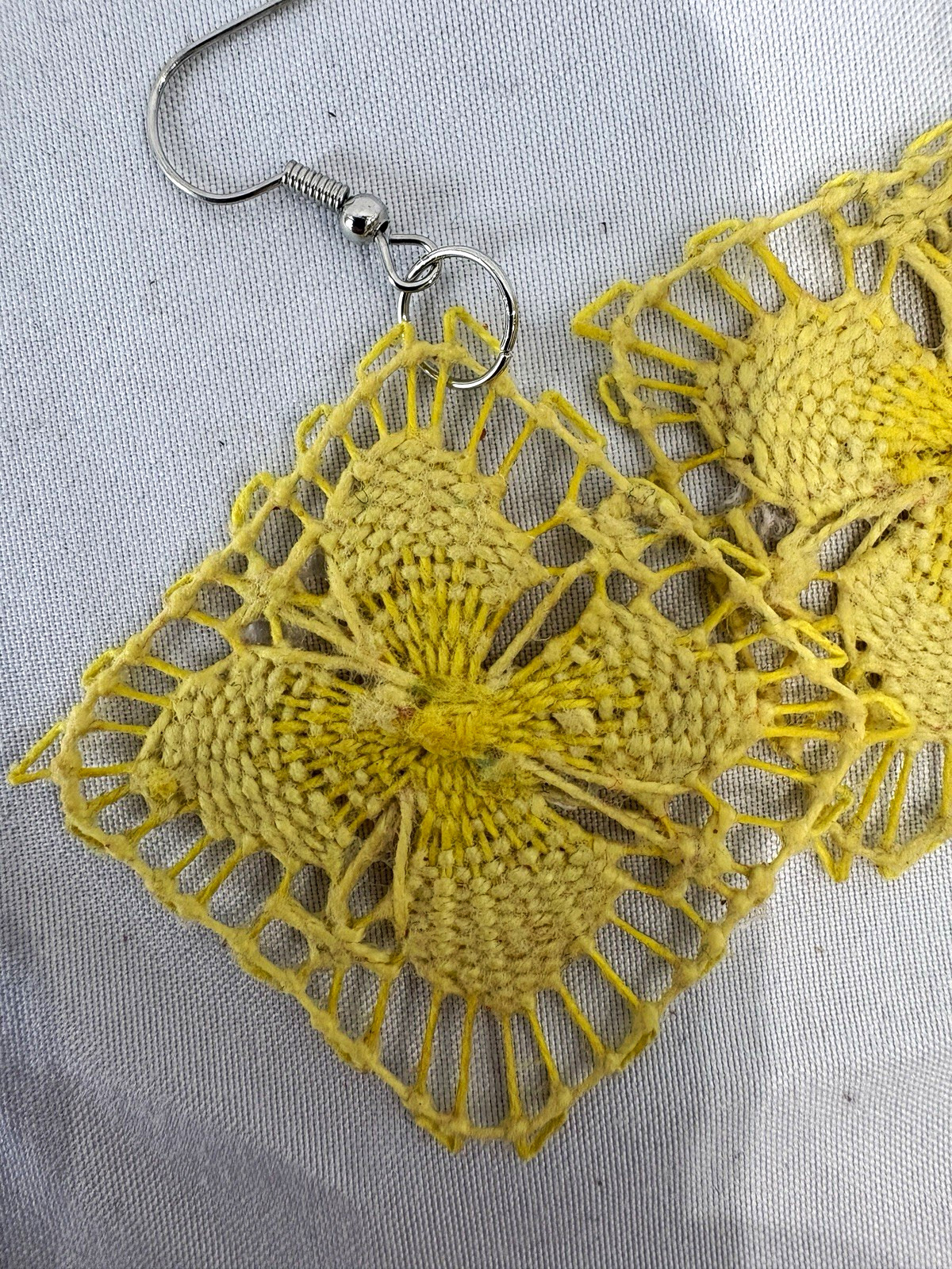 Handmade Yellow Fabric Lace Flower Square Dangle Hook Earrings No Stone