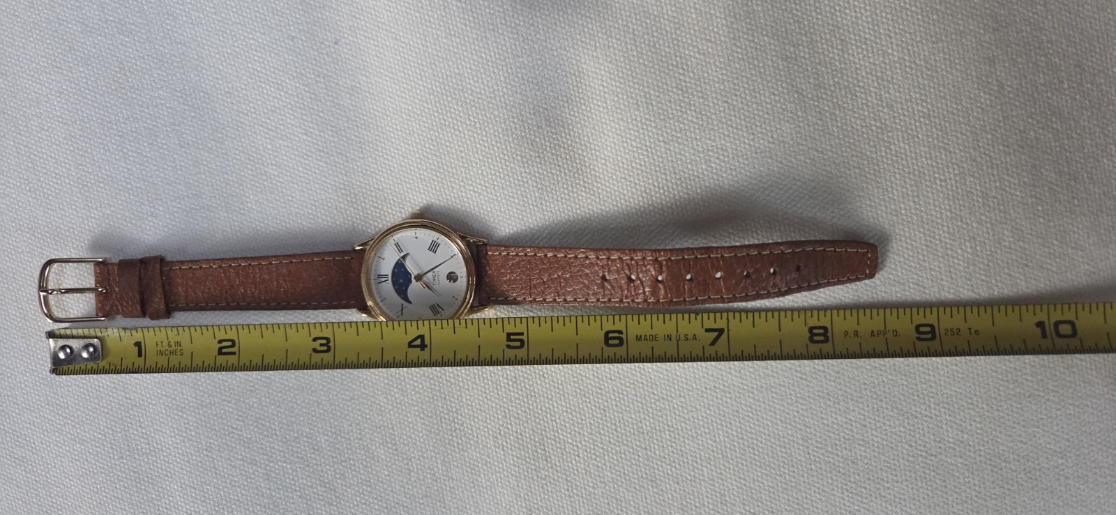 Vtg Timex Moon Phase Date Watch Unisex Gold Tone New Tan Leather Band Men’s