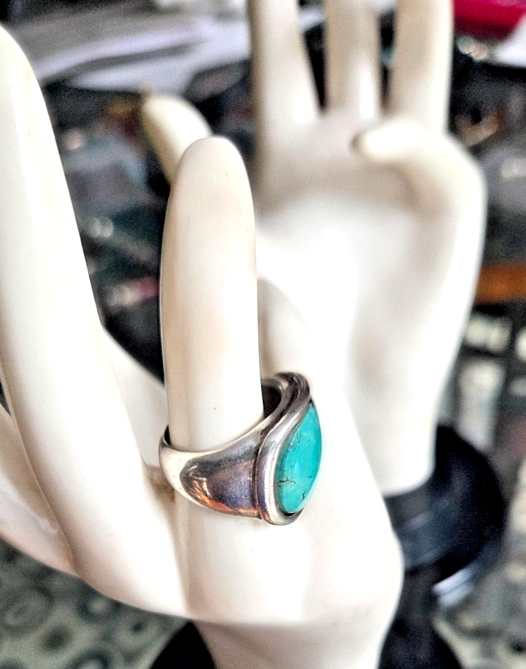 Old Pawn Chunky Unisex Sterling Silver Curved Turquoise Ring Size 6.25 11.7g
