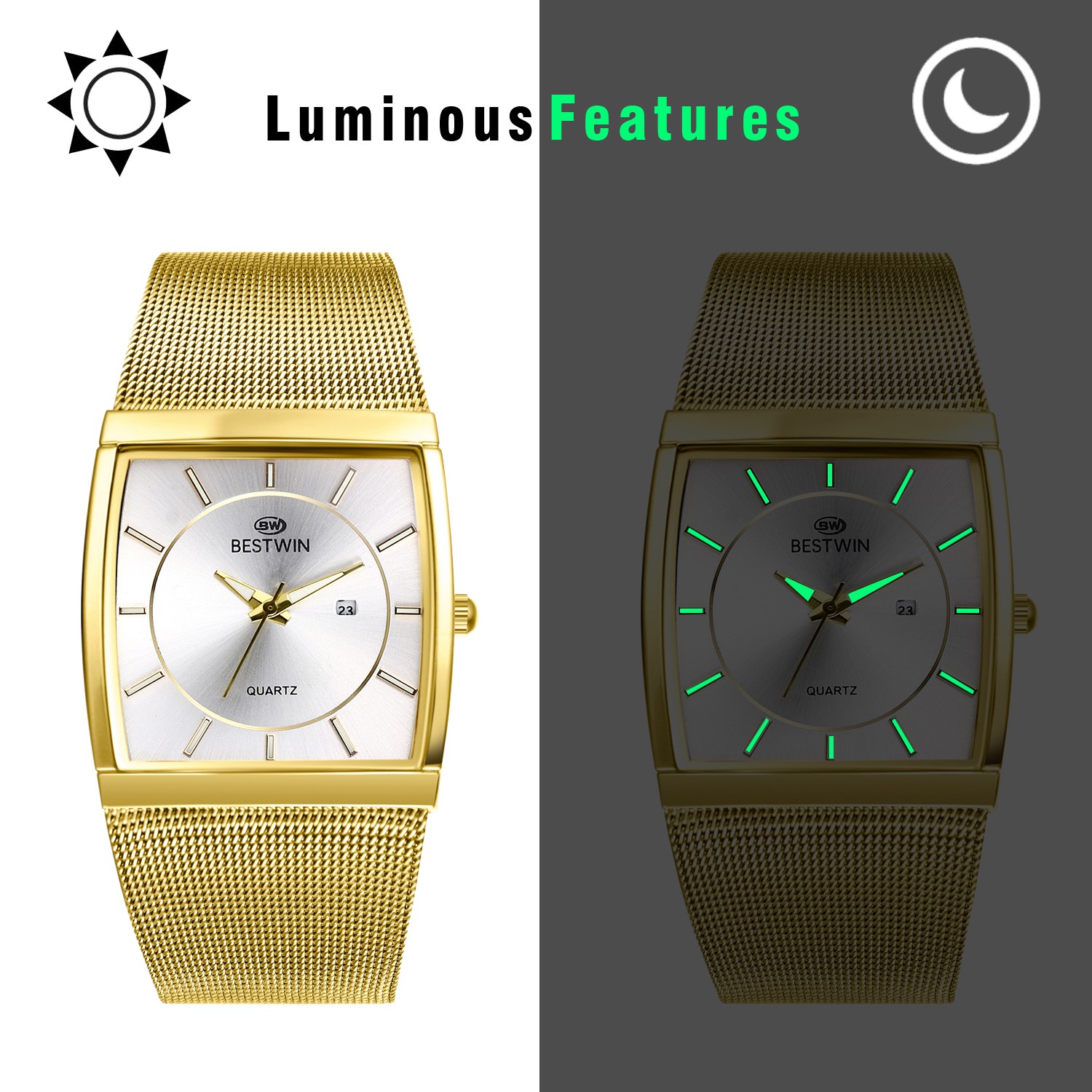 Mens Square Waterproof Luminous Date Quartz Wristwatch Stainless Steel Mesh Band