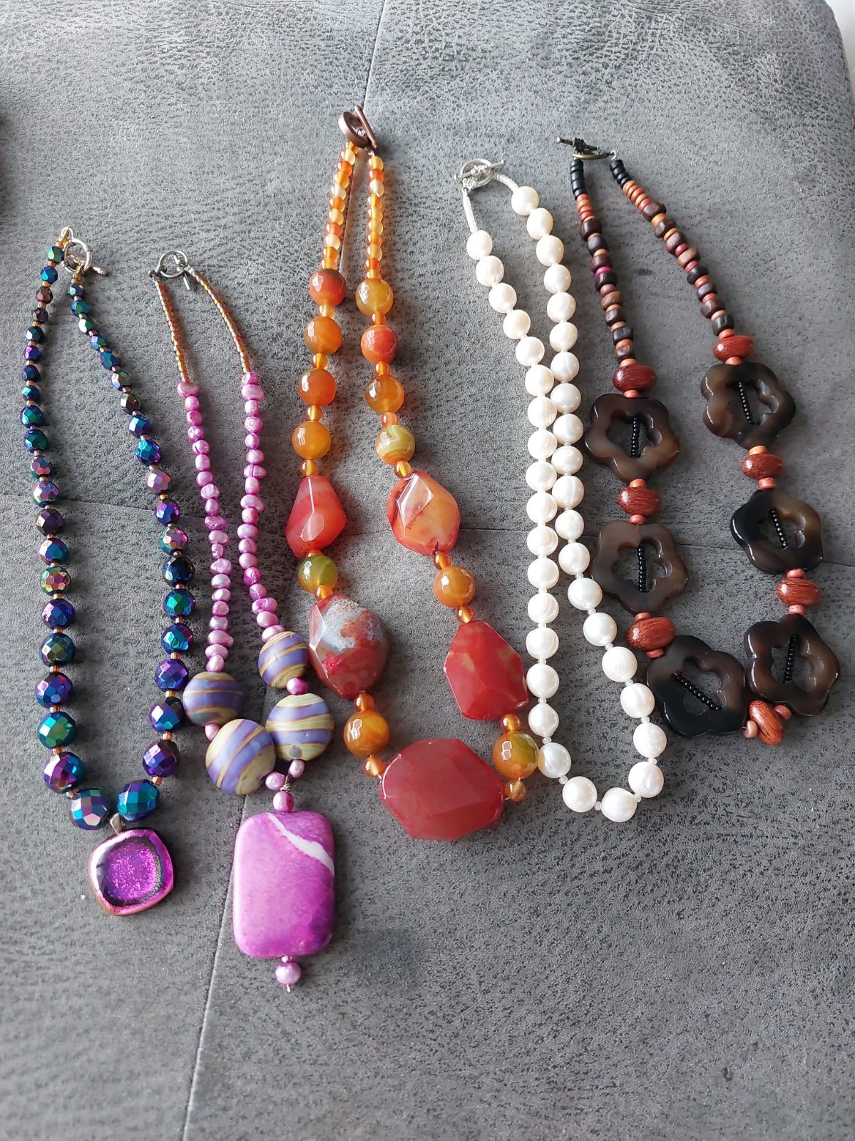 5 Hand Made New Bead Necklaces, Costume, Wood Resin Glass