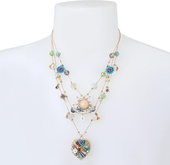Betsey Johnson Layered Beaded Heart Necklace, Multicolor Boho Statement Jewelry
