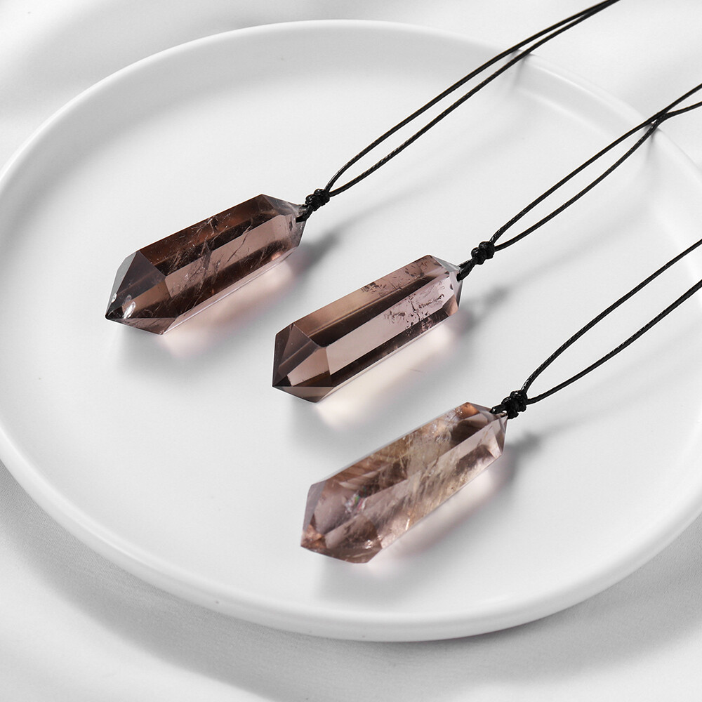 Smoky Quartz Crystal Double Point Pendant Natural Necklace Hexagonal Stone