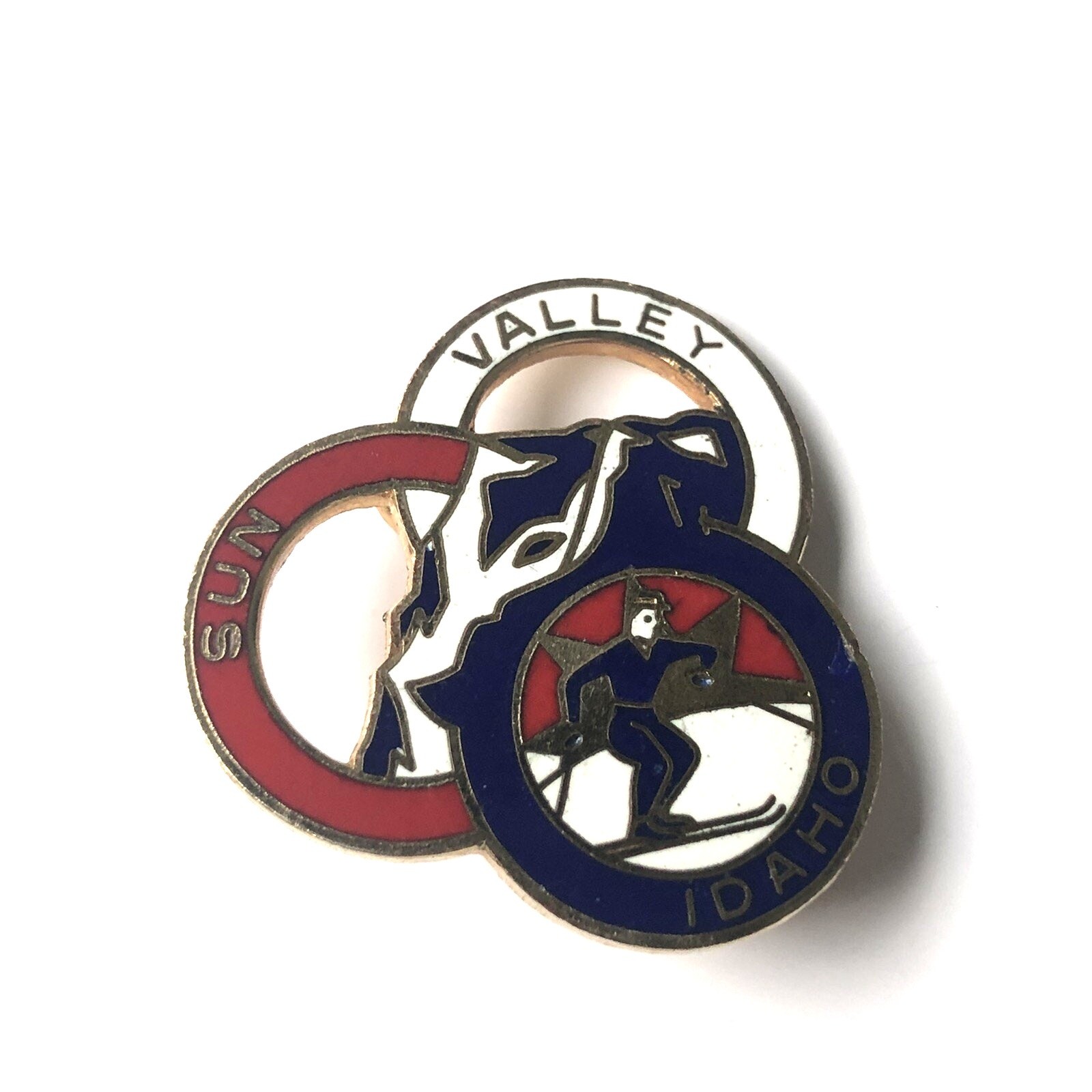 Vintage Sun Valley Idaho Vintage Enamel Ski Pin Red White Blue Rings Skier