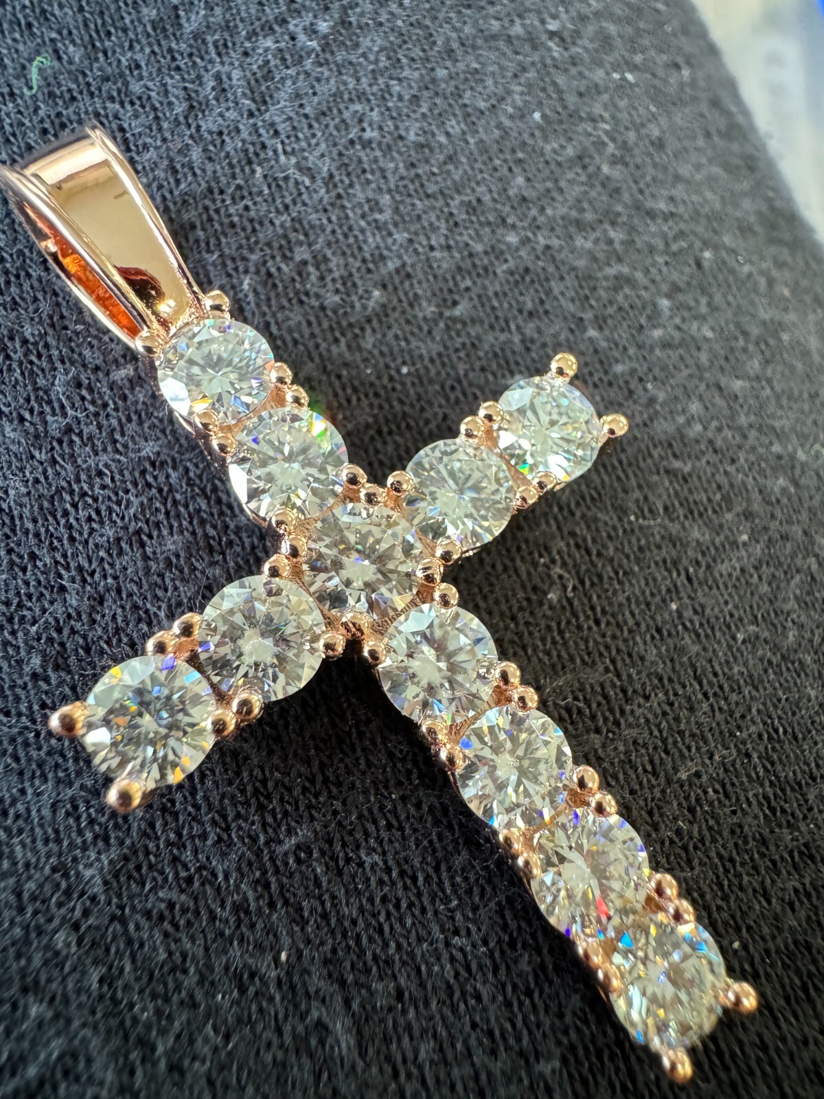 MOISSANITE 14k Rose Gold Cross & Real 925 Silver Iced Pendant Necklace Hip Hop