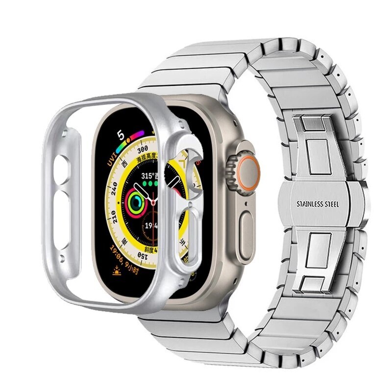 For Apple Watch Ultra 1/2 49mm Metal Strap + Case Stainless Steel Band PC Bumper