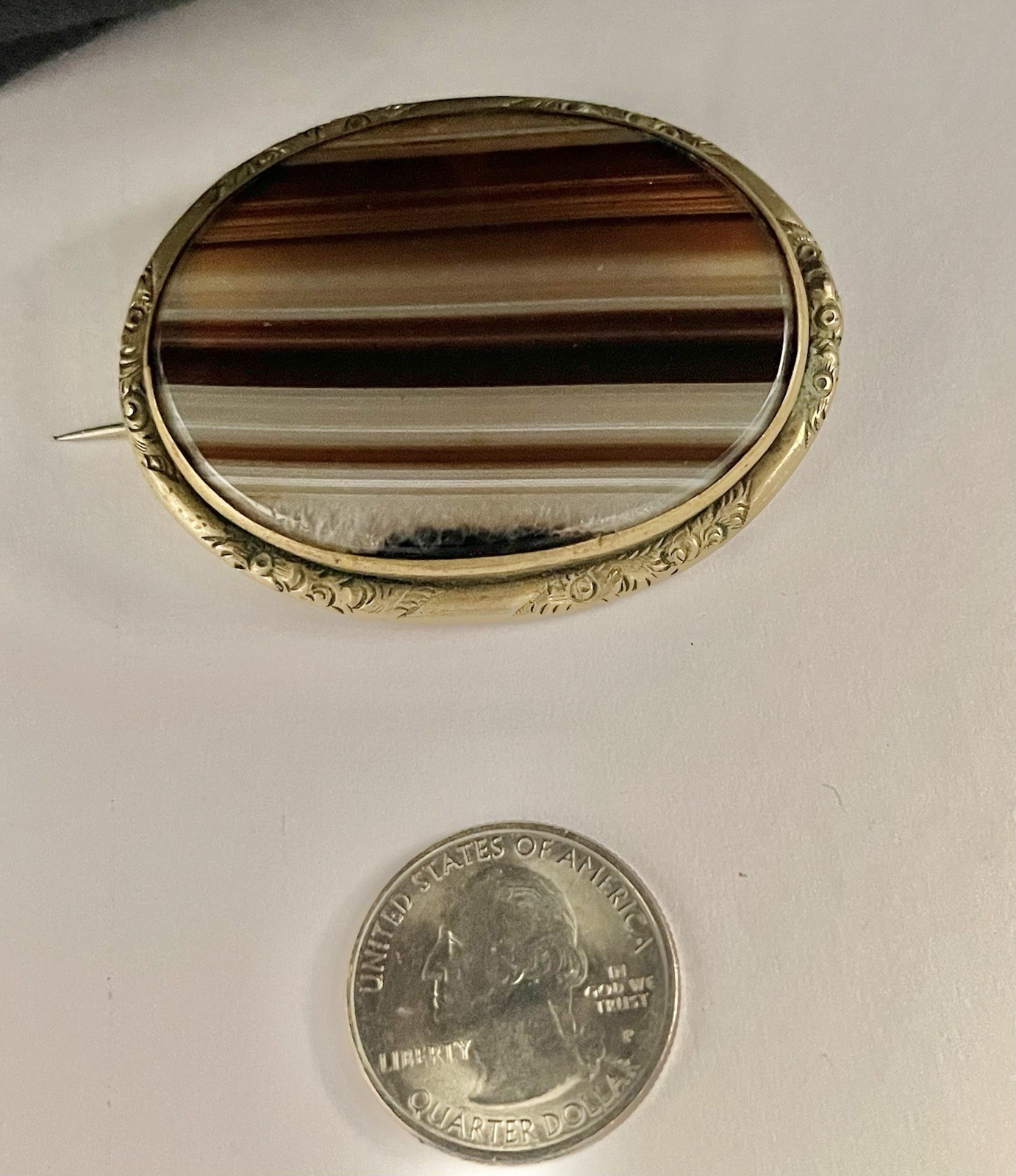 Antique Victorian Brown, Black & White Banded Agate in Goldtone Pinchback Brooch