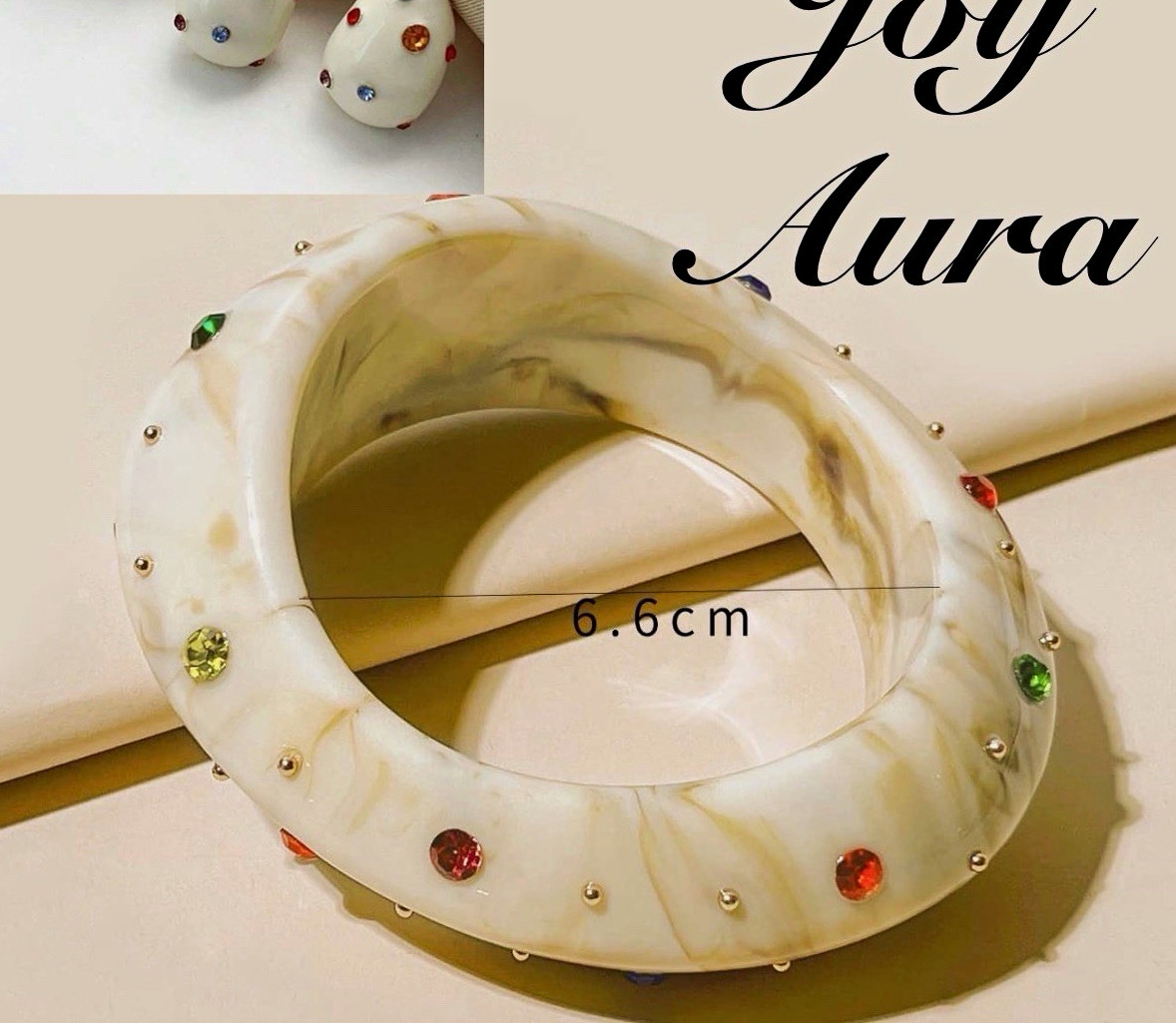 Joy Aura White Resin Bangle Bracelet w/ Round Multicolor Crystals 6.6 cm set