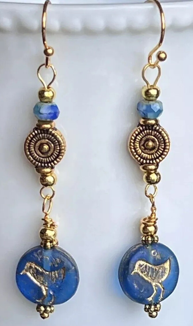 Sweet Etched Gold and Blue Bird Earrings. Love. Nature