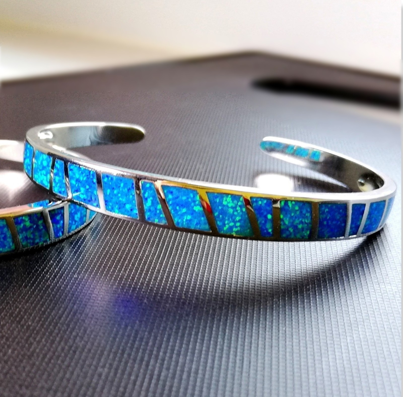 Blue Opal Bracelet Fire Opal Bangle Stainless Steel Silver Bigsam Opal Hoop