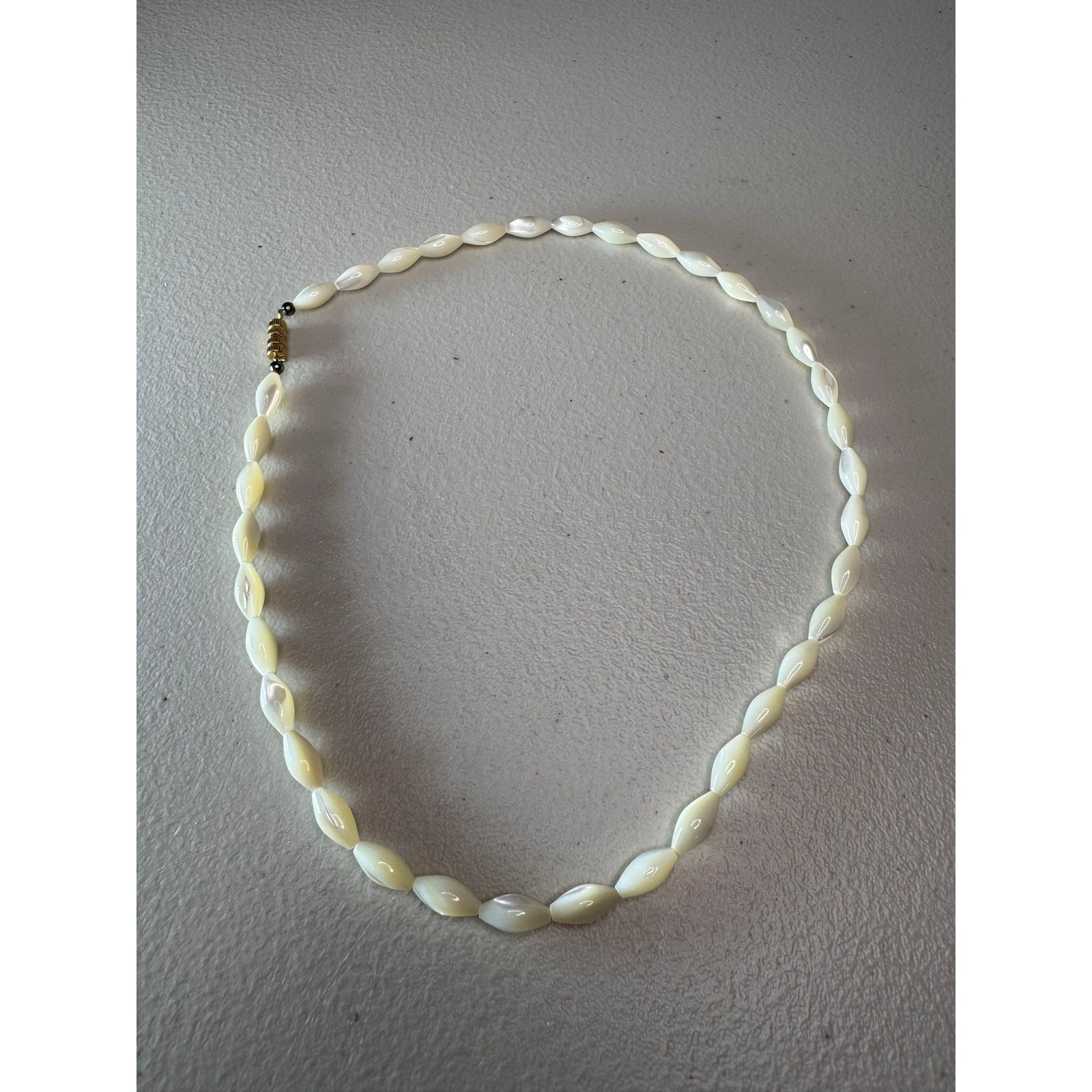 Vintage Mother of Pearl Shell Beaded Necklace Marquise Gold Tone Clasp
