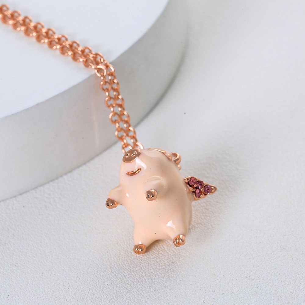 Cute Pink Enamel Flying Pig Short Necklace Crystal Wing Rose Gold Women Jewelry