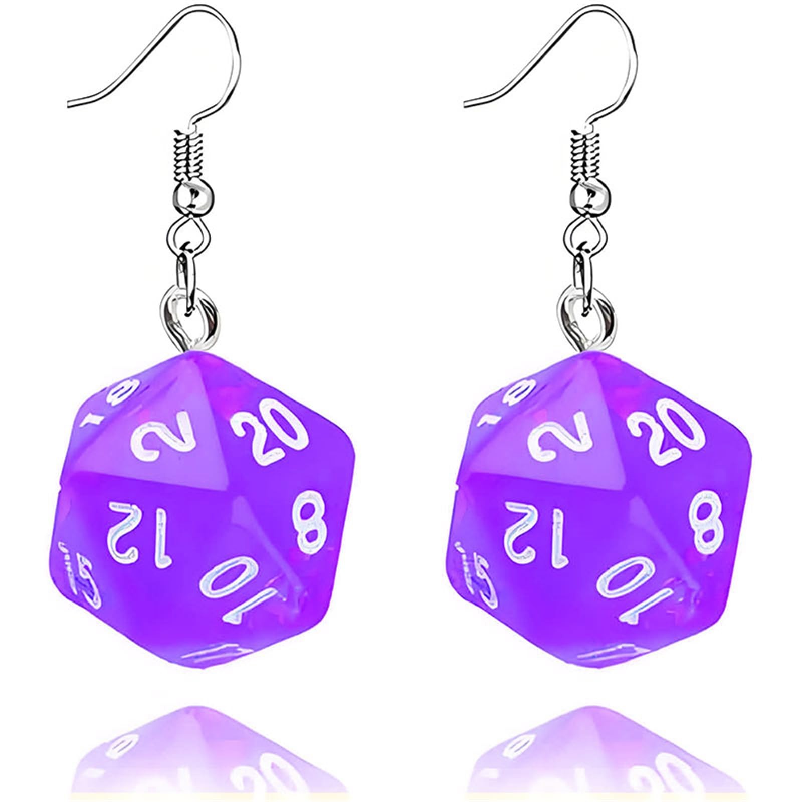 coadipress 3D Dice Earrings for Women Funny Weird D20 1.96 inches, Purple