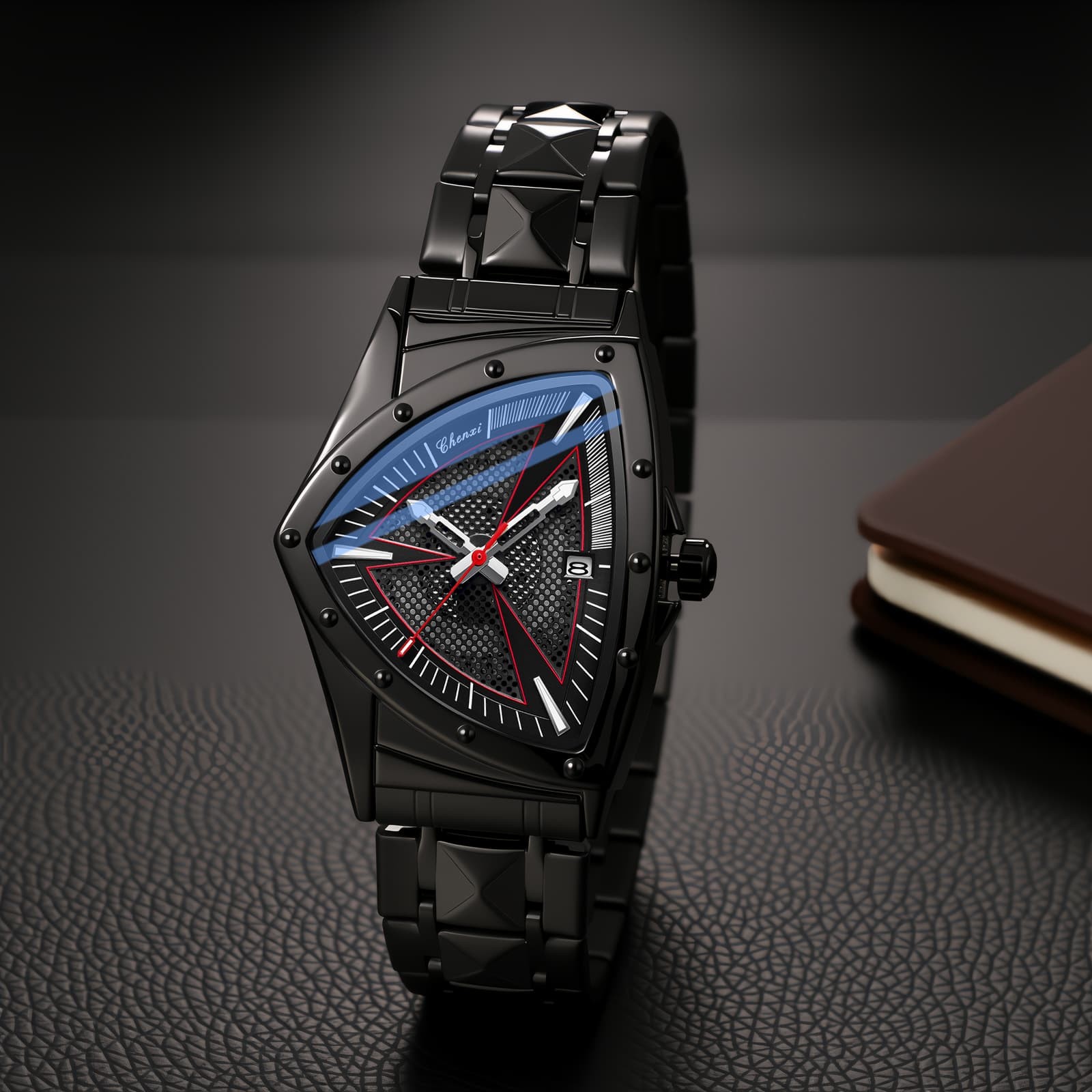 Mens Triabgle Stainless Steel Date Luminous Waterproof Wrist Watch Business Gift