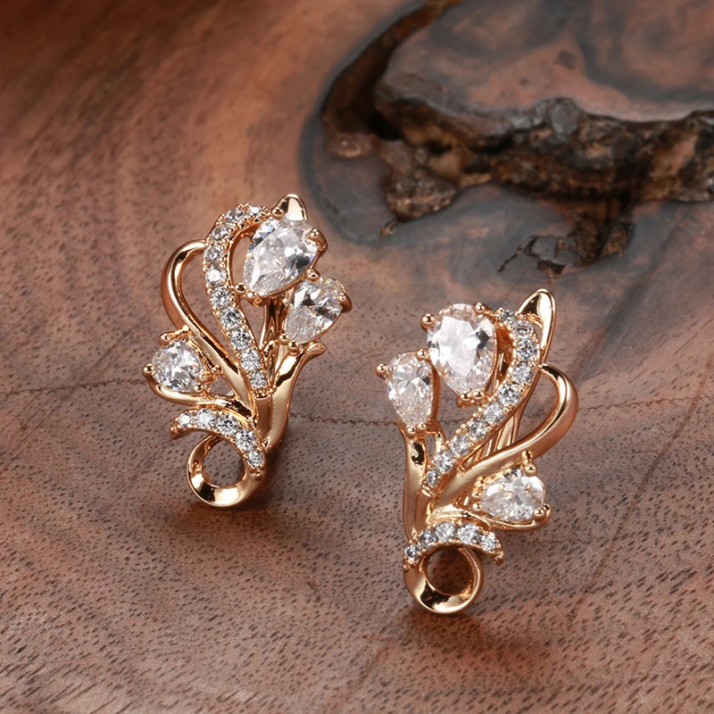 Elegant 585 RG Rose Gold Rose Gold Earrings with Zircon, High Quality Jewelry 3.4g