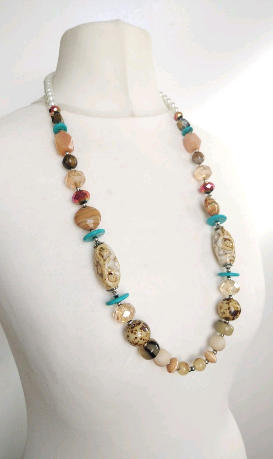 Long Blue Brown White Faux Pearl, Porcelain, Stone, Glass Mixed Beads Necklace