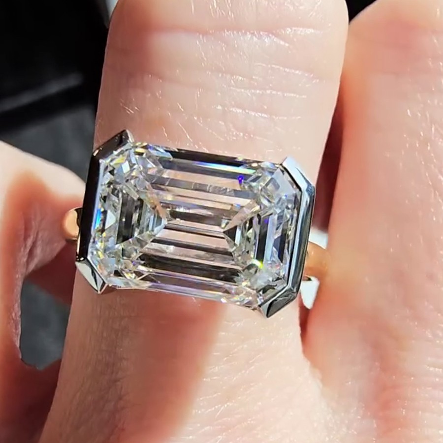 3.0 CT Emerald Cut Moissanite Half Bezel Engagement Ring 14K Yellow Gold Plated