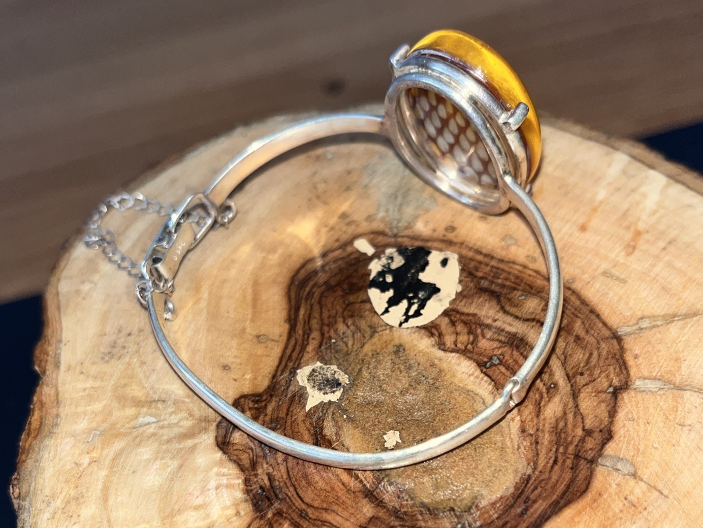 Sterling Silver 925 & Baltic Amber Reverse Carved Bangle – Stamped – Beautiful