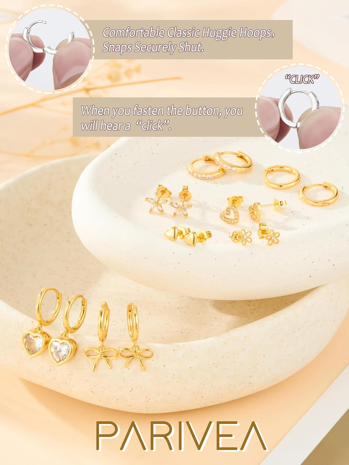12 Pairs Small Stud Hoop Earrings Set for Women – 14K Gold Plated Huggie Hoops H