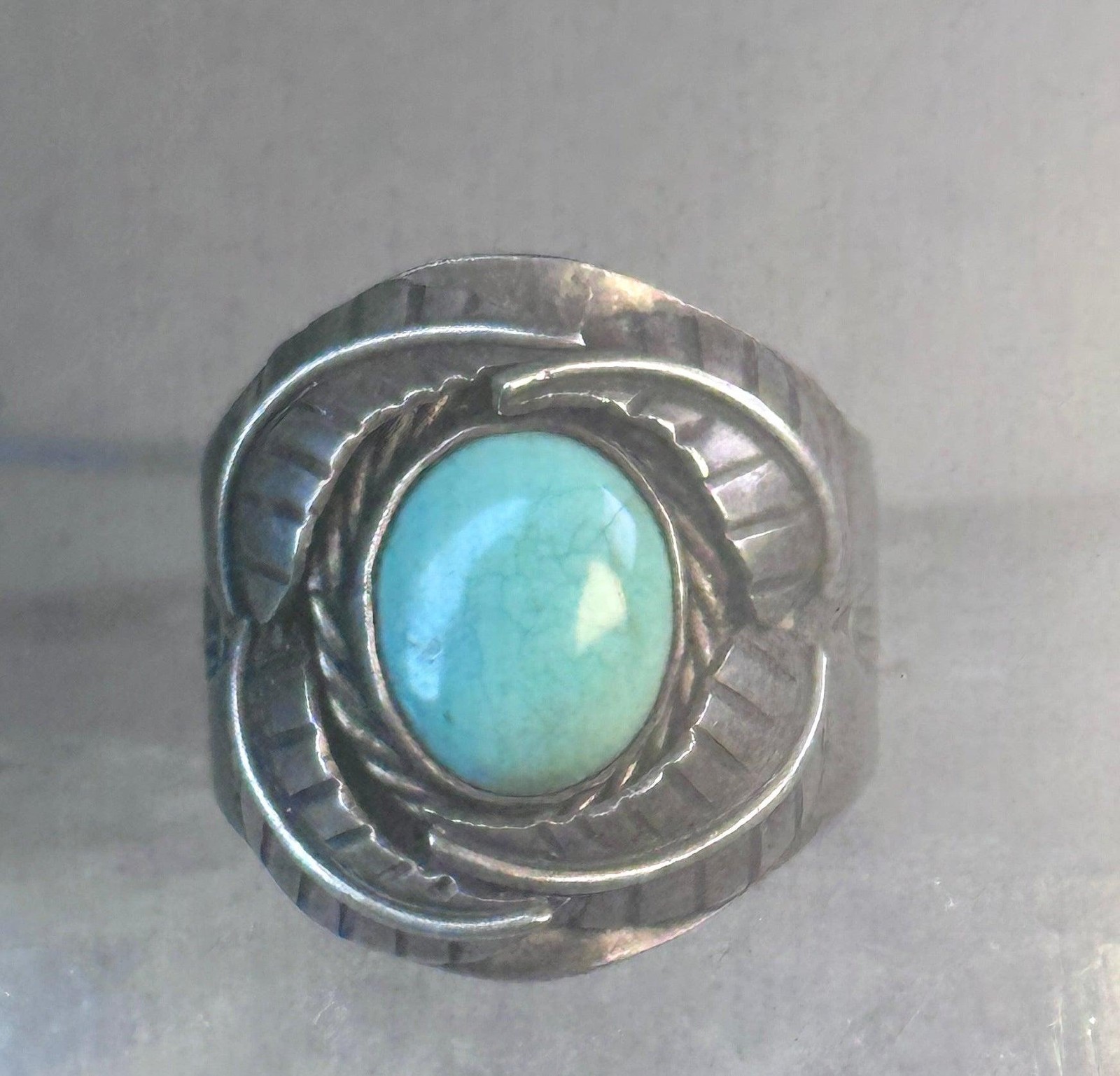 Navajo Ring Turquoise wide band leaves size 10.7 southwest sterling silver women