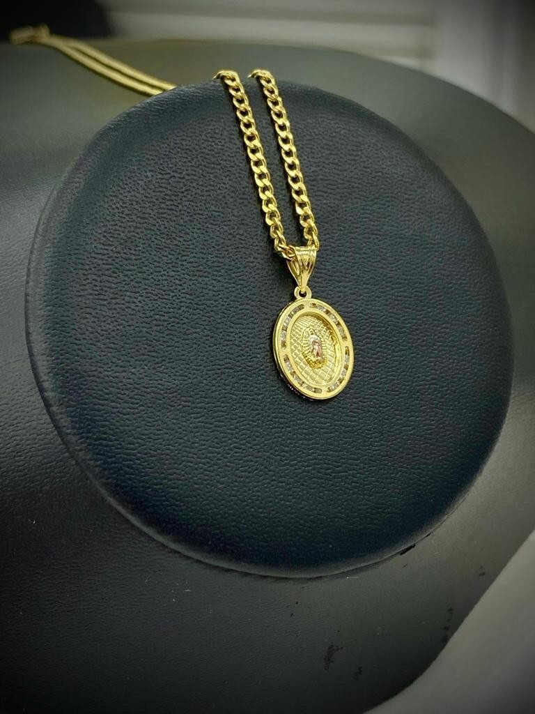 14k Oro Laminado Medalla de Virgen de Guadalupe & Cadena Para Mujer Niños Curb