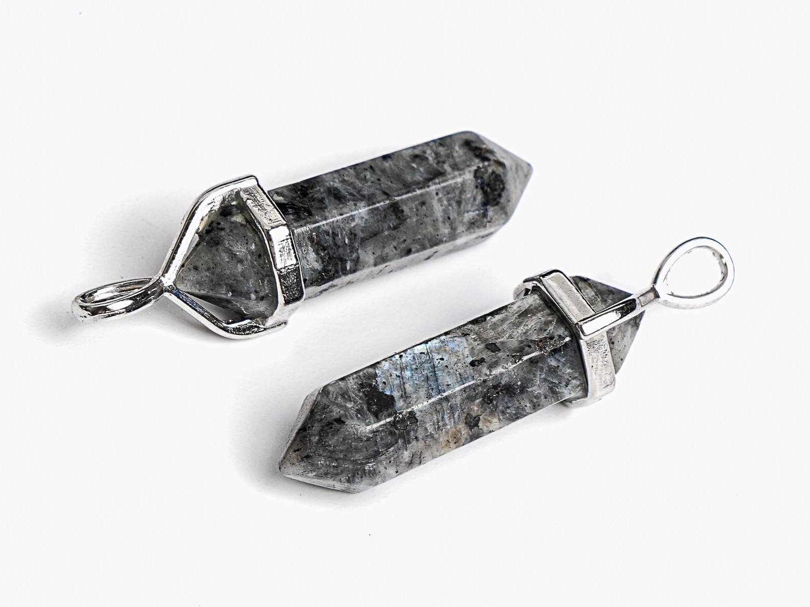 2 Pcs 33x8MM Larvikite Hexagonal Pointed Pendant Grade A Silver Plated Cap