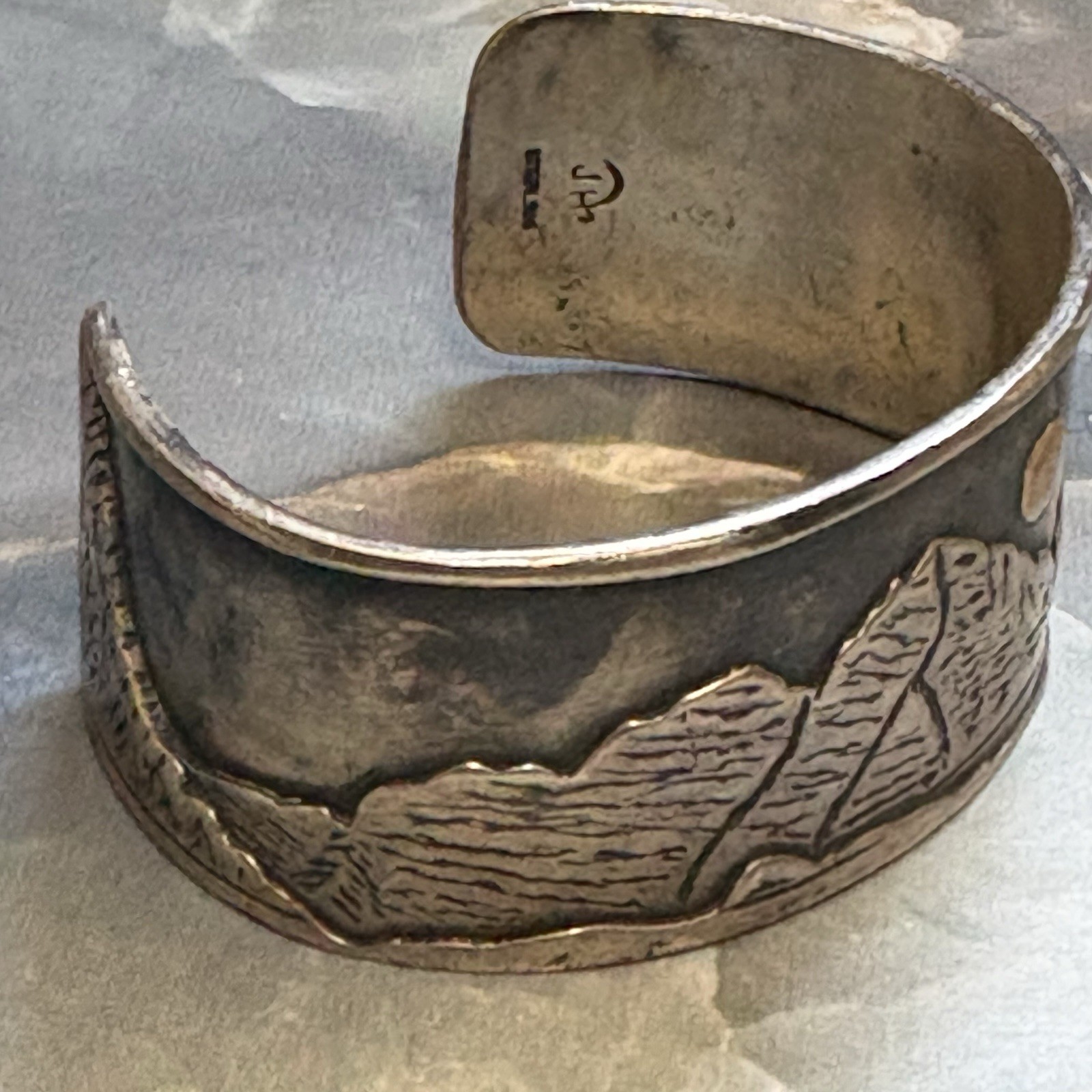 Vintage Native 925 Sterling Silver Storytelling Cuff Gold Moon JH Maker Mark