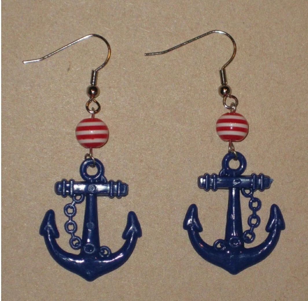 BLUE Anchor Sailor Striped Nautical Rockabilly Retro Earrings Mod Resort Yacht