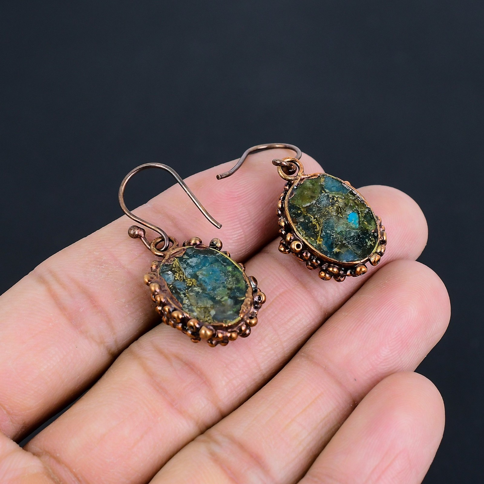 Copper Neon Blue Apatite Gemstone Copper Electroformed Handmade Earrings Jewelry