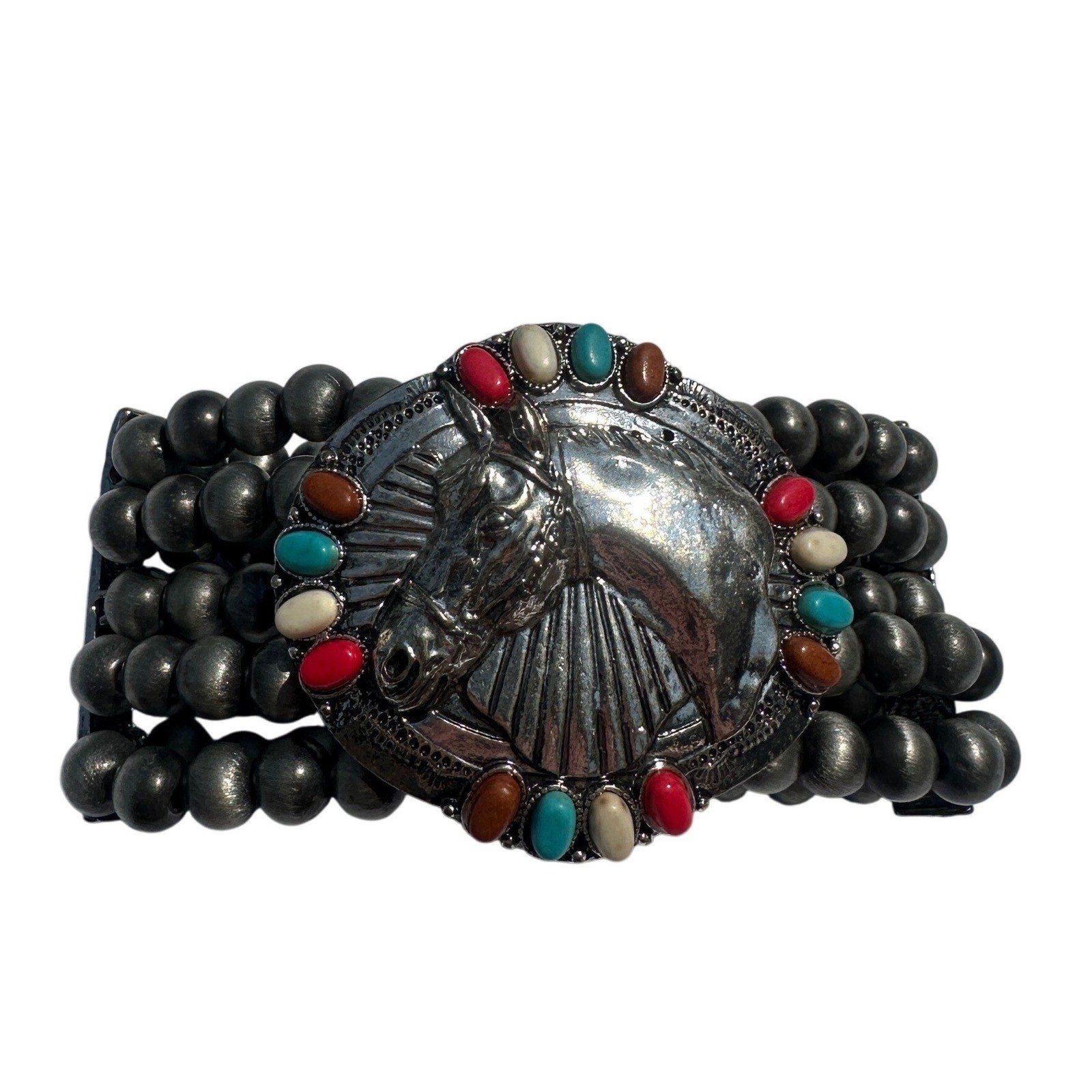 Western Horse Stretch Bracelet Silver Faux Navajo Pearl Beaded Turquoise Red