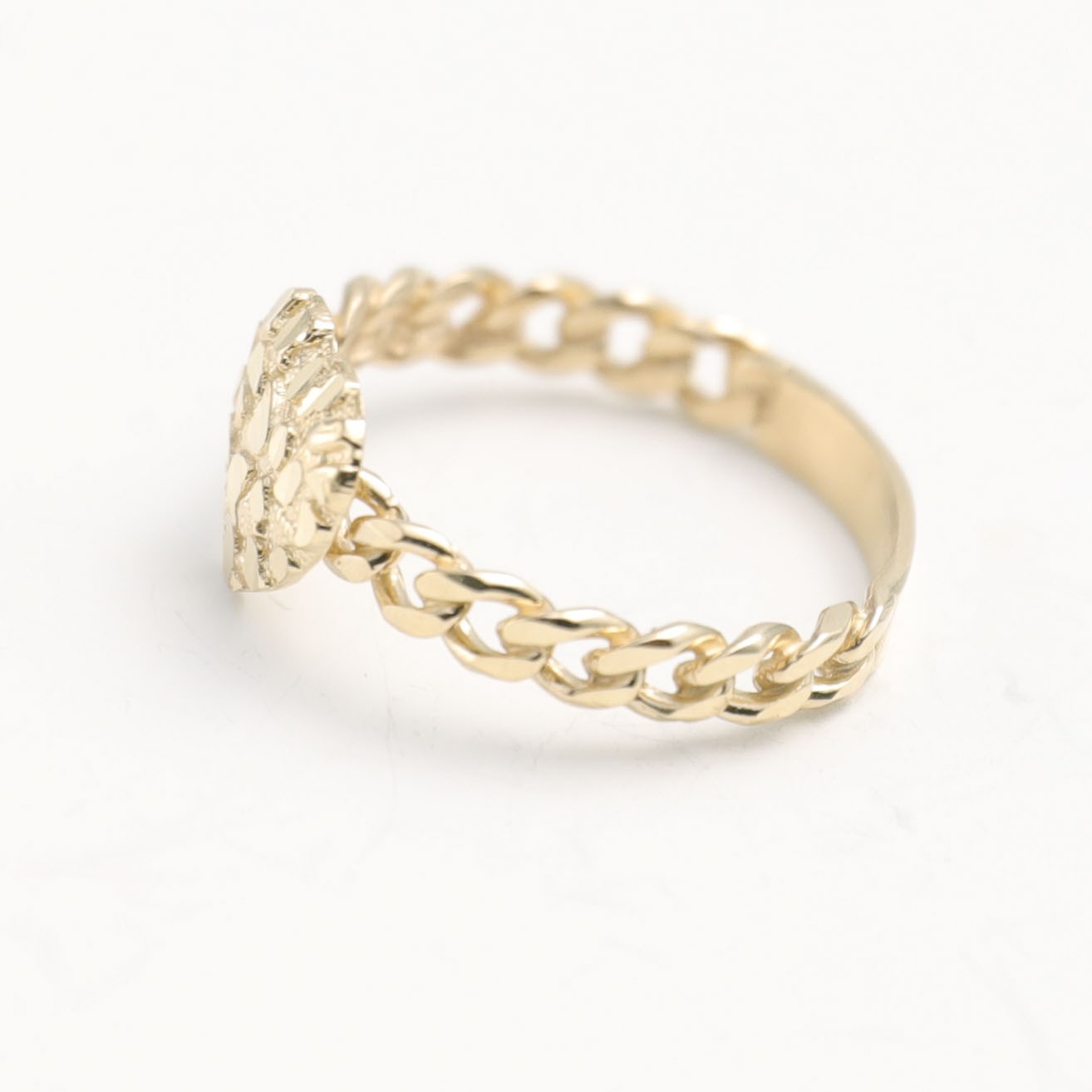 Solid 10K Gold Nugget Heart Ring with Curb Link Band Yellow Gold All Sizes