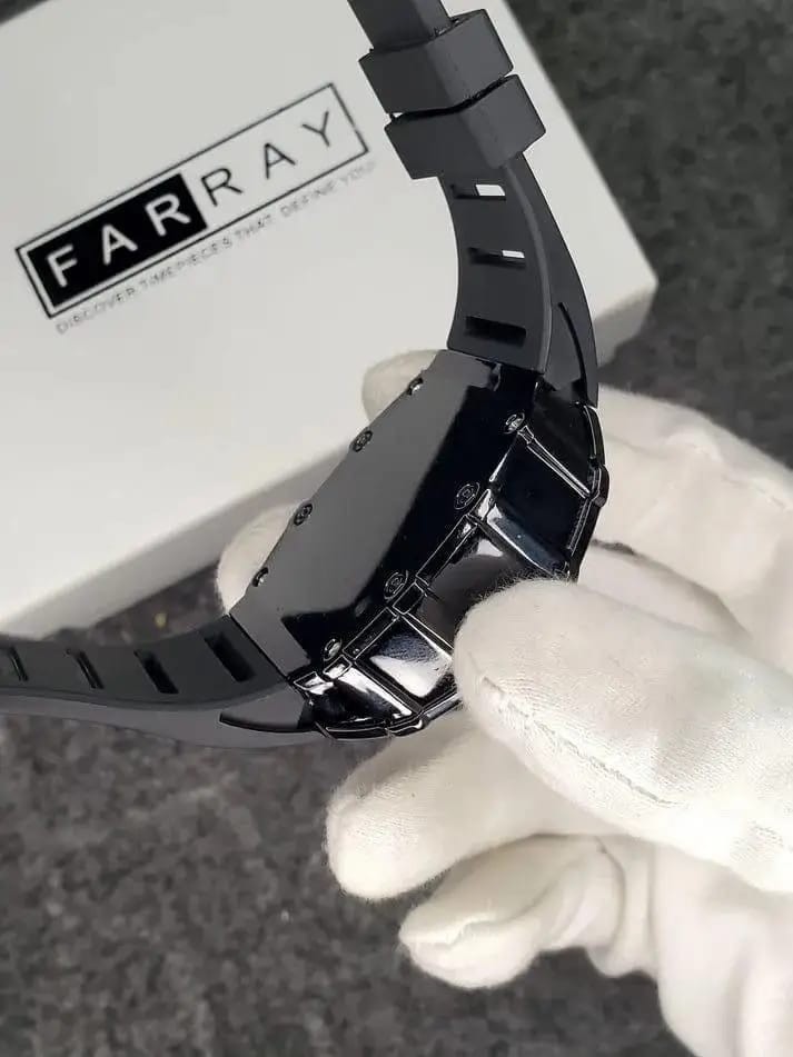 Farray Tonneau Black Skeleton Dial Automatic Watch Rubber Strap Date Box