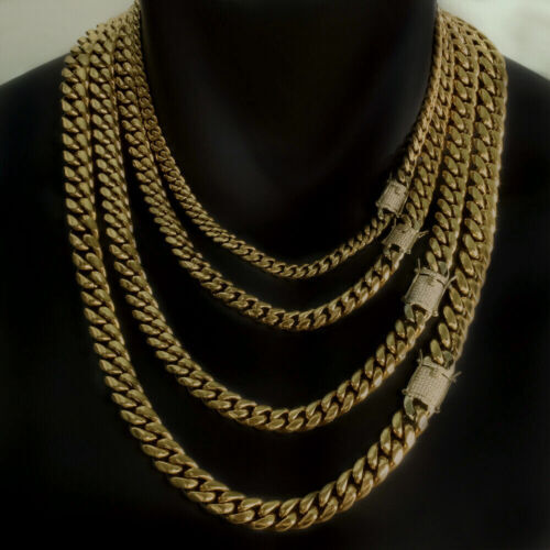 Gold Plated Miami Cuban Link Chain Bracelet Stainless CZ Steel Clasp 6mm-14mm
