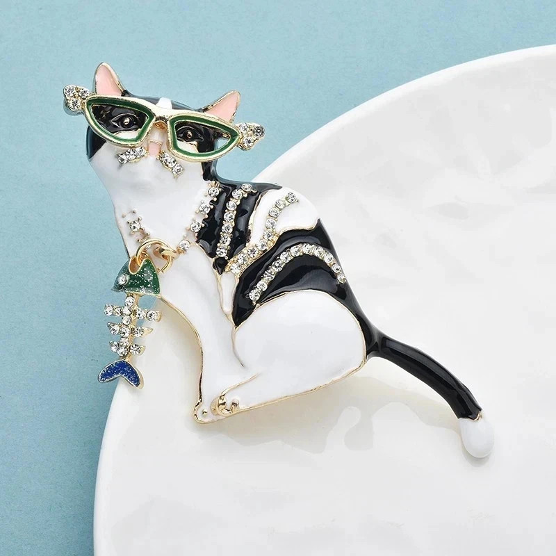Elegant Cat Rhinestone Brooch Black White Enamel Green Glasses Fish Charm Pin
