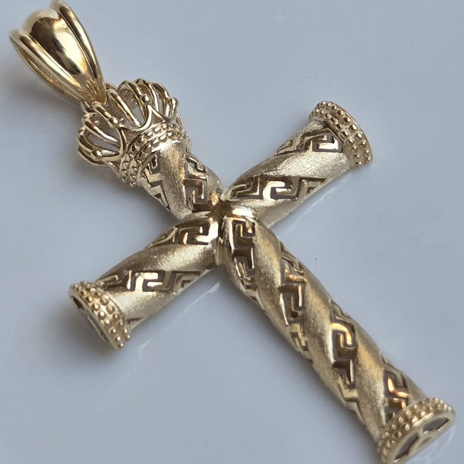 10k Gold Crown Cross Pendant Charm 1.95 inches long Medium Catholic Greek Key