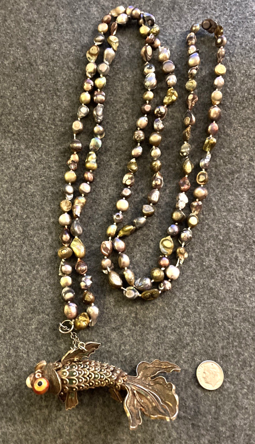Vintage Large Silver Articulated Koi Fish Pendant Fresh Water Pearl 60″ Necklace