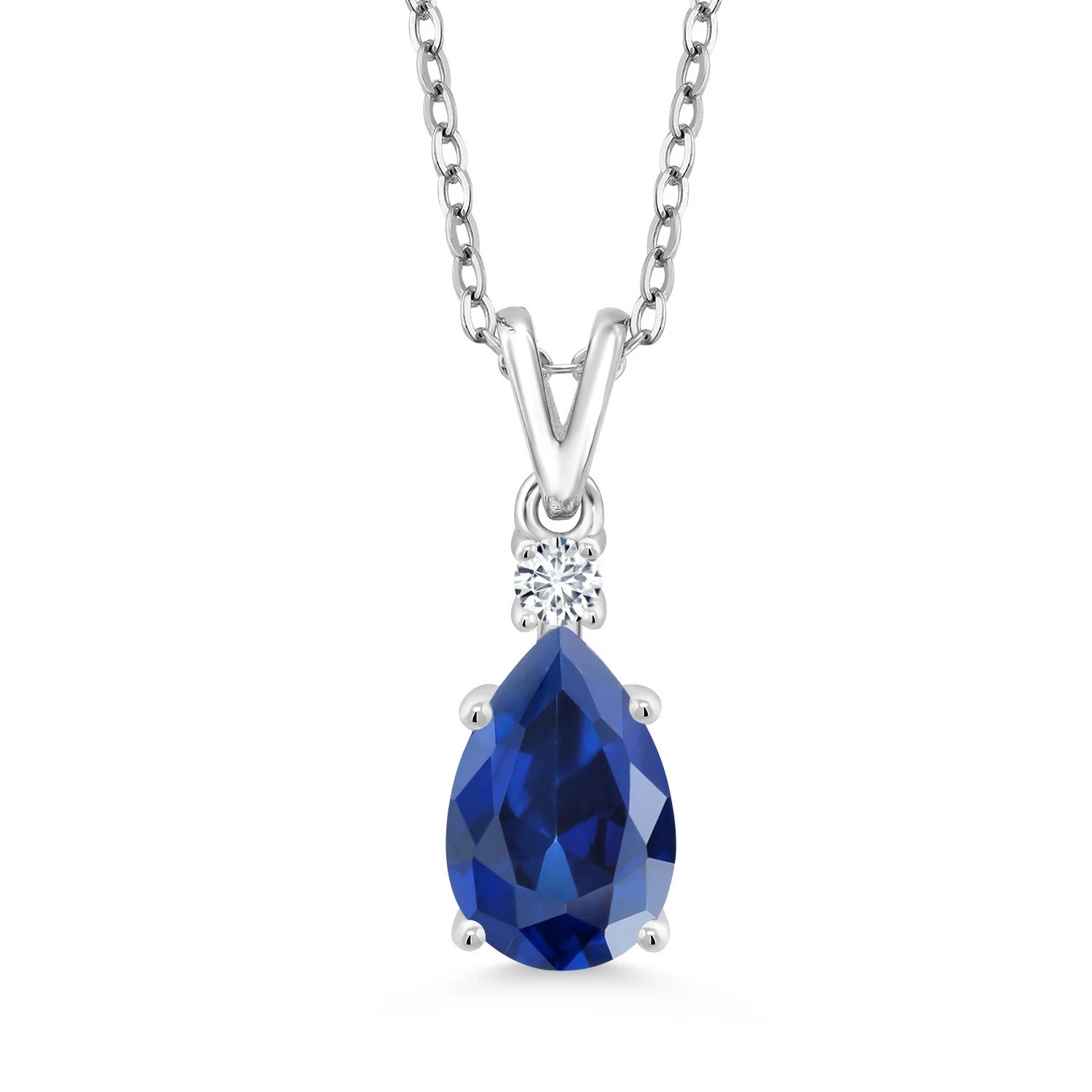 14K White Gold Plated Sapphir &Lab Created Diamond Pendant Necklace For Women